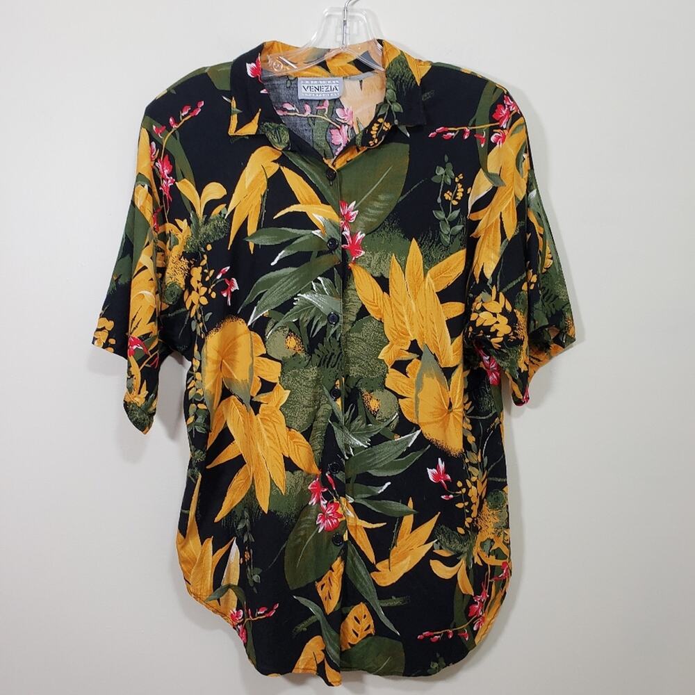 Venezia‎ vintage floral print Hawaiian short sleeve button up shirt woman's sz L